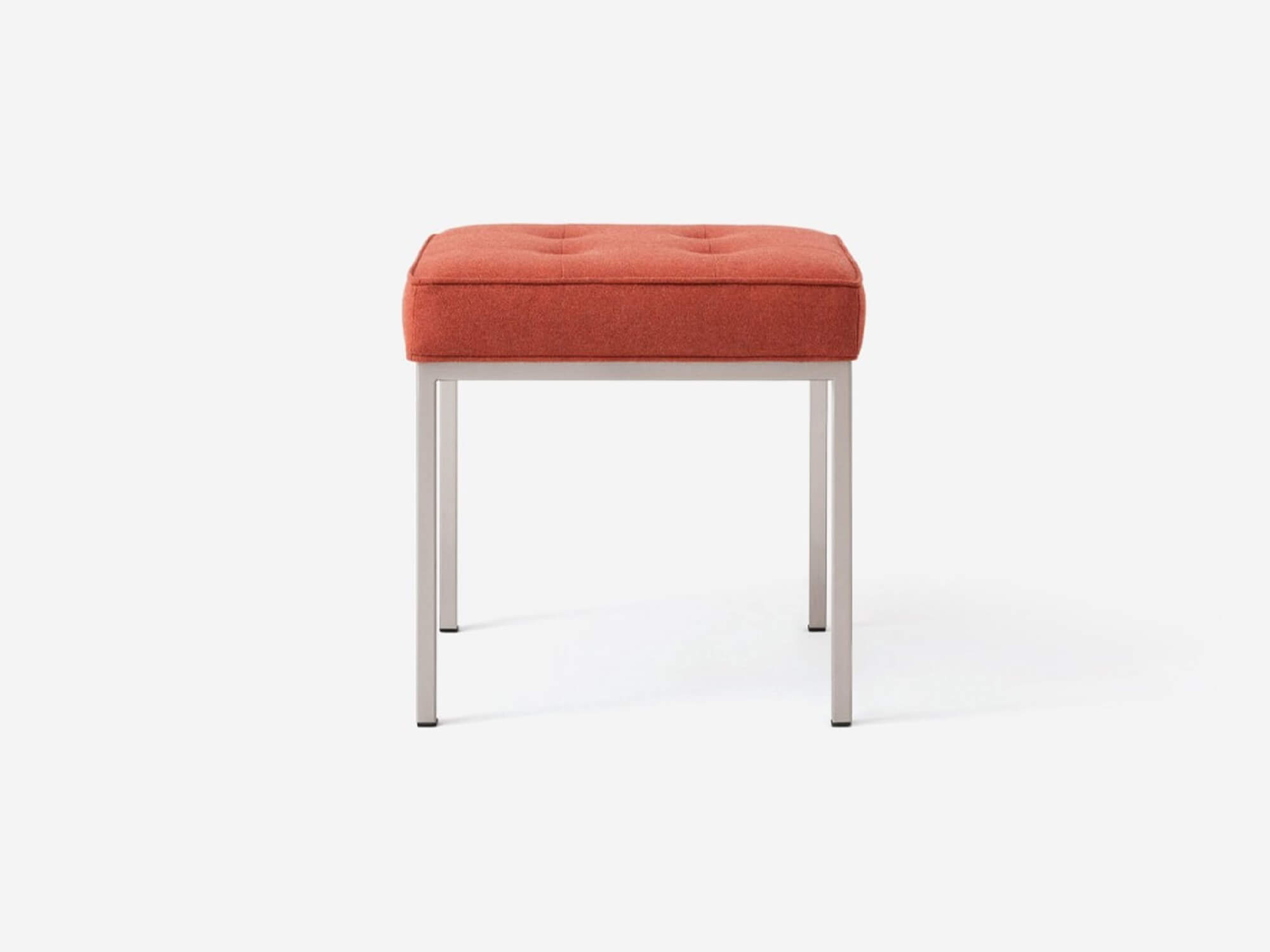 Front view of the Bank fabric stool with red seat and stainless steel base